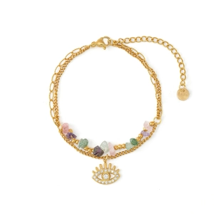 18K gold plated stainless steel layered bracelet with evil eye and natural stones