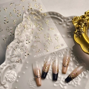 Elegantes pegatinas de uñas de hoja de oro y flores M1013 para decoración de uñas 3D