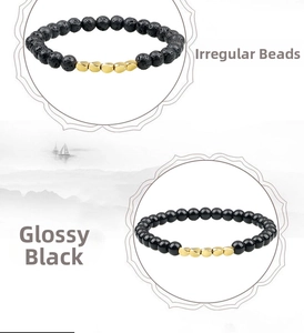 Detail showing irregular volcanic lava stone and glossy black beads with gold metal accents