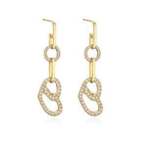Detailed view of 18K gold plated drop earrings featuring zircon pavé in a geometric shape