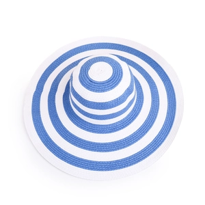 Detailed top view of striped wide brim straw hat with blue and white woven pattern