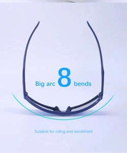 Overhead view showing the 8-base wrap-around curve design of blue cycling sunglasses