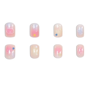 Short square press-on nails featuring pastel gradients with cute cartoon cat and bunny motifs
