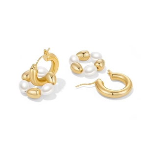 Golden C-shape hoop earrings with baroque freshwater pearls and polished gold beads