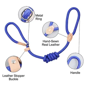Blue braided dog slip lead with leather details and adjustable stopper for leash training