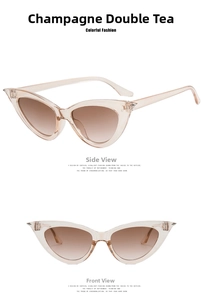 Detailed views showing a champagne cat eye sunglasses frame with brown gradient lenses