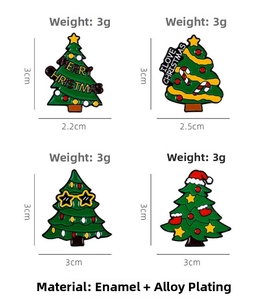 Detailed view of four Christmas tree enamel pins with sizes and weight specifications