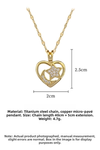 Detail view of heart pendant dimensions with star and moon micro-inlaid rhinestones