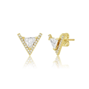 Elegant gold V-shaped stud earrings with triangle zircon and micro-pave crystals