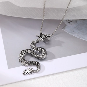 Vintage punk silver dragon pendant necklace with detailed metal scales and bead chain
