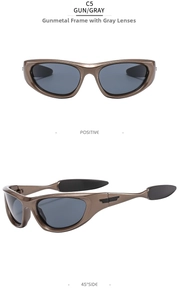 Detailansicht der Sportsonnenbrille mit grauem Metallrahmen und Gläsern zum Radfahren