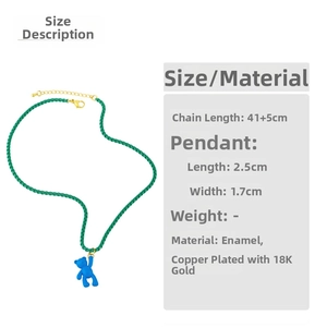 Detail of green rope chain with blue bear pendant showing 41+5cm length measurements