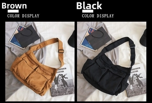 Brown and black canvas messenger bags with dual front pockets and adjustable straps