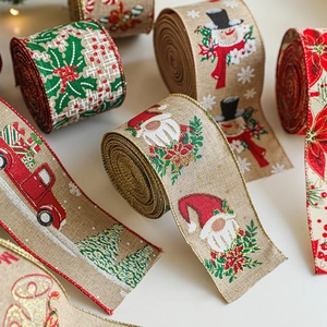 Collection de rubans de Noël en lin avec motifs bonhomme de neige et camion rouge