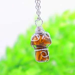 Handmade wire wrapped mushroom necklace with natural tiger eye crystal stone pendant