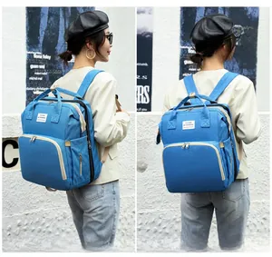 Blue multifunctional diaper backpack shown in side and back views on a model