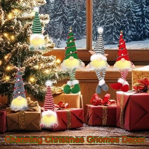 Charming glowing Christmas gnomes hanging ornaments with knitted hats and plush yellow beards