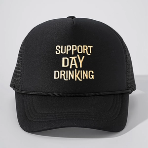 Black trucker hat with gold Support Day Drinking embroidery and breathable mesh back