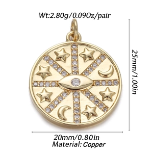 Detailed view of gold copper pendant with star moon eye motifs and dimensions specs