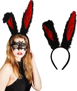 Close-up of black satin rabbit ears headband with red inner lining and lace bat eye mask