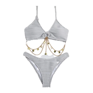 Two-piece pleated bikini set in light grey with tiered gold chains and metal ring detail