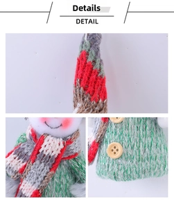 Detailed close-up of knitted Christmas doll with wooden buttons and red plaid scarf