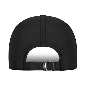 Rear view of black breathable quick-dry baseball cap with laser-perforated details