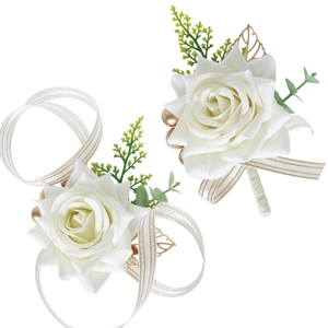 Elegant white silk rose boutonniere and wrist corsage set with gold leaves and greenery