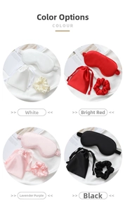 Detail of 3-piece silk sleep set with eye mask, pouch and scrunchie in four colors