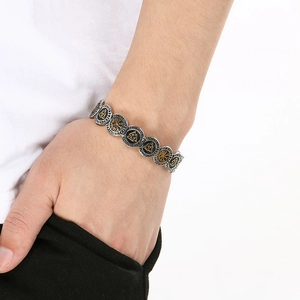 Men's vintage Viking steel bangle featuring Valknut and Vegvisir symbols in silver finish