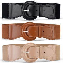 Three elastic waist belts in black, brown, and khaki with rhinestone alloy buckles