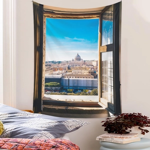 Bedroom wall decor tapestry showing a realistic window view of a European city and cathedral