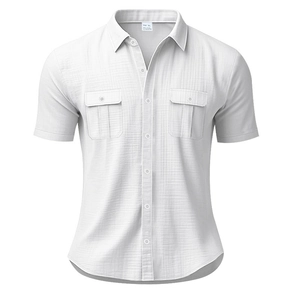 Camisa de lino blanca para hombre con manga corta, cuello abotonado y dos bolsillos frontales