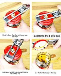 Detailed four-step guide for using an adjustable stainless steel jar opener on glass lids