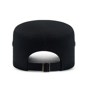 Rear view of a black cotton flat top military cap with an adjustable bronze metal buckle
