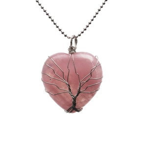 Pendente a cuore in cristallo rosa con albero della vita in filo d'argento e catenina