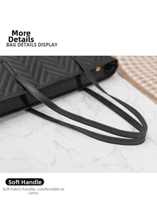 Detail of soft black faux leather tote with V-shaped stitching and gold zipper closure
