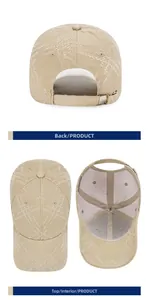 Detailed views of beige cotton baseball cap with star-shaped distressed holes and metal buckle
