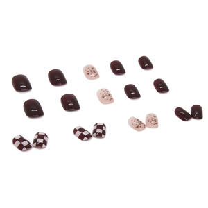 Glossy vintage red checkered and leopard pattern press-on nails with 24 pieces set