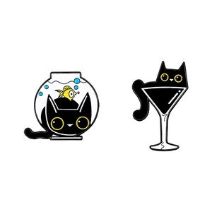 Cute black cat enamel pins set featuring fish bowl and martini glass designs