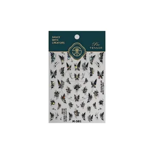 3D bronzing butterfly nail art stickers with ink wash style and gold foil accents