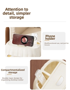 Detail view of cream multifunctional tissue box with phone holder and tiered storage