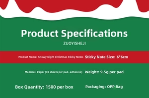 Specifiche dei post-it natalizi con 30 fogli e dettagli sulle dimensioni di 6x6 cm