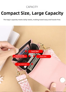 Detail view of pink crossbody phone bag showing internal card slots and capacity