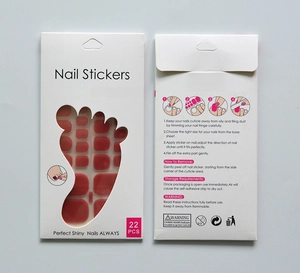 Detail of red glitter toe nail sticker packaging showing 22 pieces and application guide
