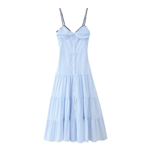 Damen Gestreiftes V-Ausschnitt Camisole Maxikleid Ärmellos Gestuftes Tortenrock Polyester Spitzenbesatz Elegant Lässig