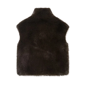 Gilet da donna in ecopelliccia marrone scuro con collo alto e design senza maniche