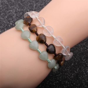 Heart Shaped Gemstone Beaded Bracelet Tiger Eye White Quartz Aventurine Stone Adjustable Hand Woven Rope Jewelry Women