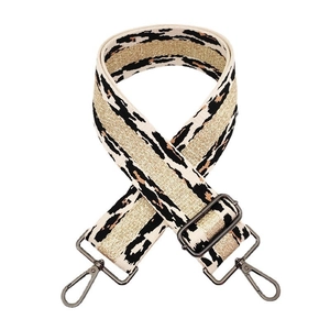 Detailed view of 5cm leopard print woven shoulder strap with metallic gold thread and hooks