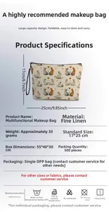 Linen makeup bag details showing size 17x25cm with yellow heart and rabbit print